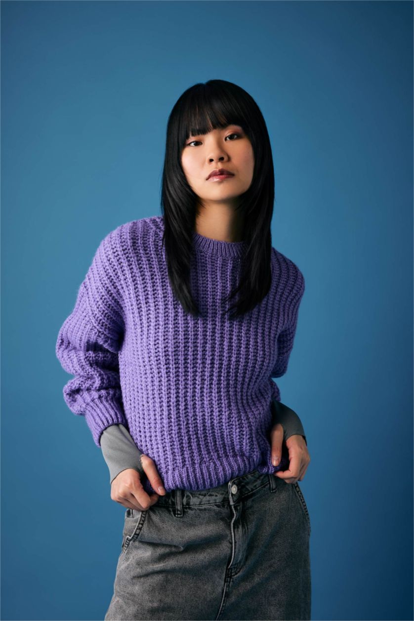 Kadın Koyu Lila Oversize Geniş Kalıp Bisiklet Yaka Triko Kazak