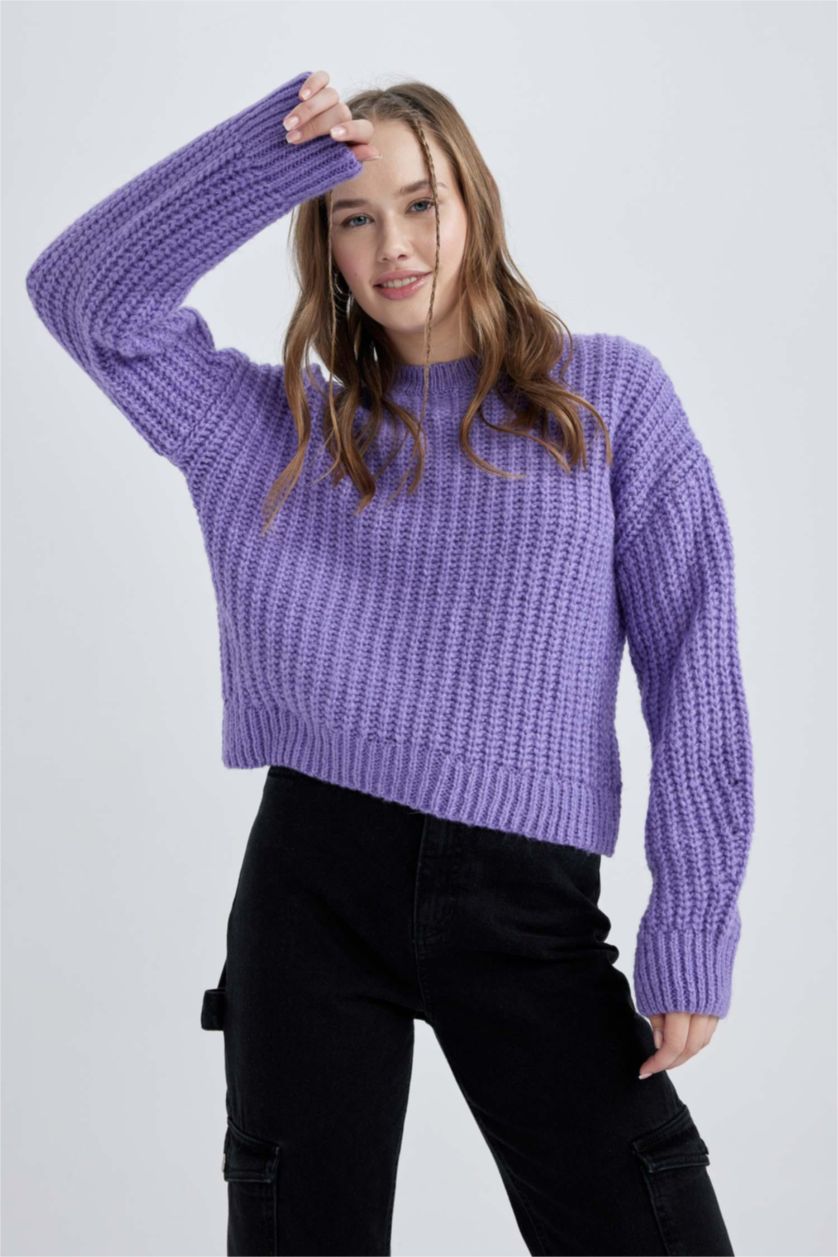 Kadın Koyu Lila Oversize Geniş Kalıp Bisiklet Yaka Triko Kazak
