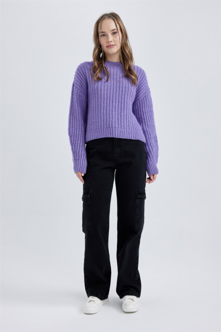 Kadın Koyu Lila Oversize Geniş Kalıp Bisiklet Yaka Triko Kazak