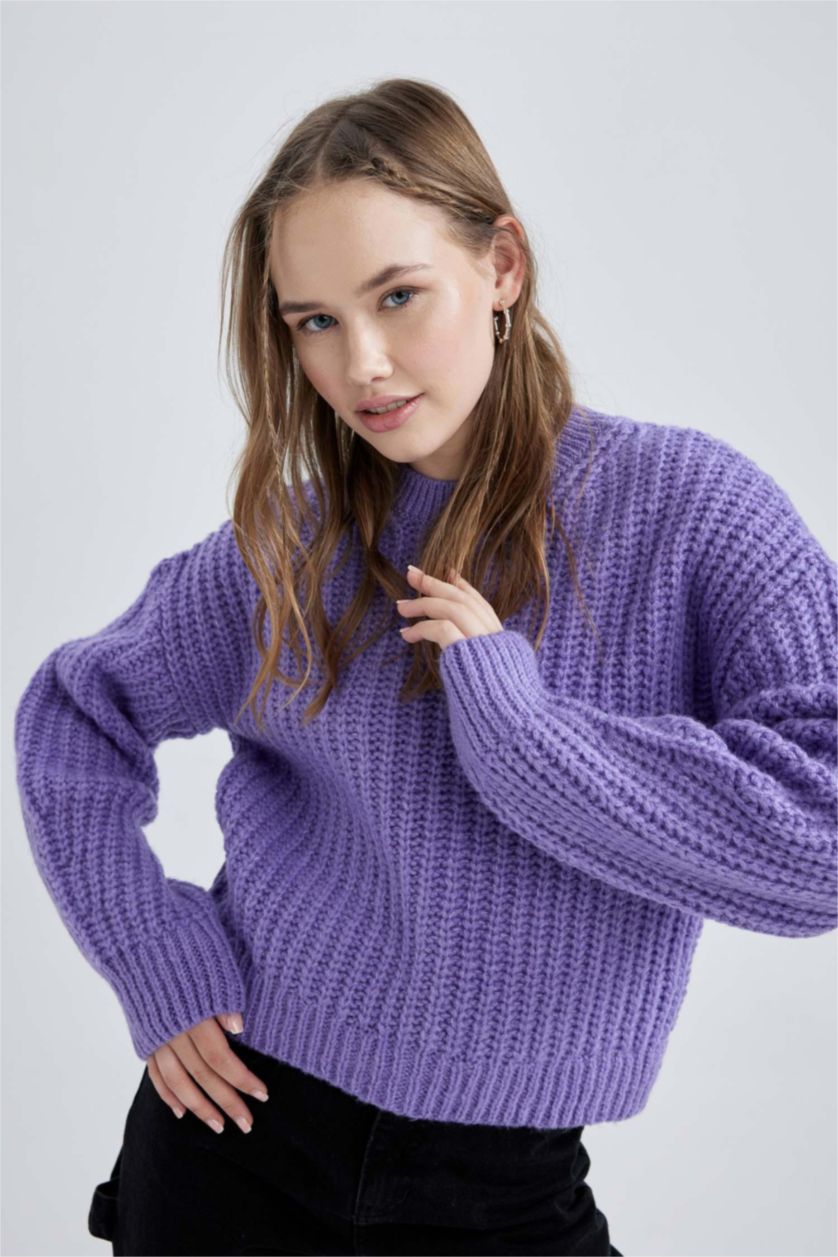 Kadın Koyu Lila Oversize Geniş Kalıp Bisiklet Yaka Triko Kazak