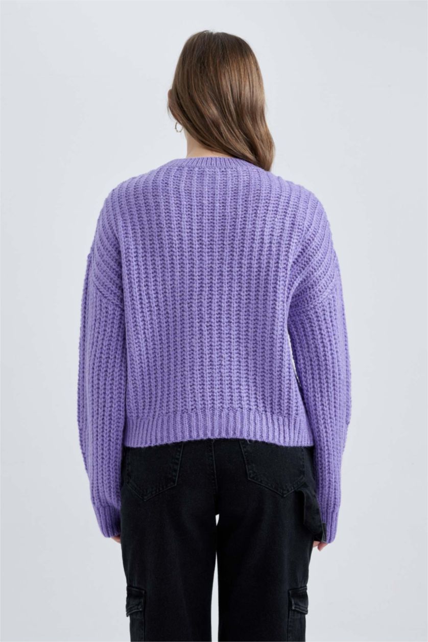 Kadın Koyu Lila Oversize Geniş Kalıp Bisiklet Yaka Triko Kazak