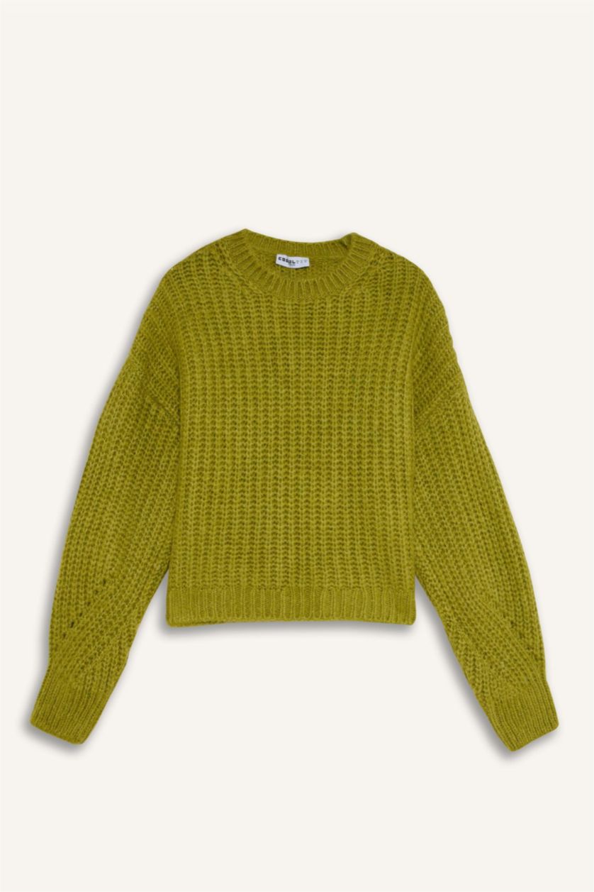 Kadın Yeşil Oversize Geniş Kalıp Bisiklet Yaka Triko Kazak