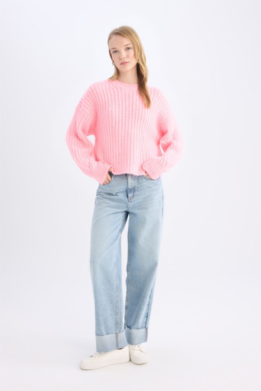 Kadın Pembe Oversize Geniş Kalıp Bisiklet Yaka Triko Kazak