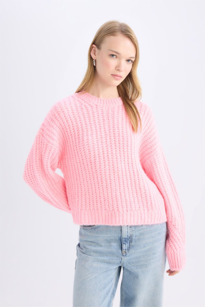 Kadın Pembe Oversize Geniş Kalıp Bisiklet Yaka Triko Kazak