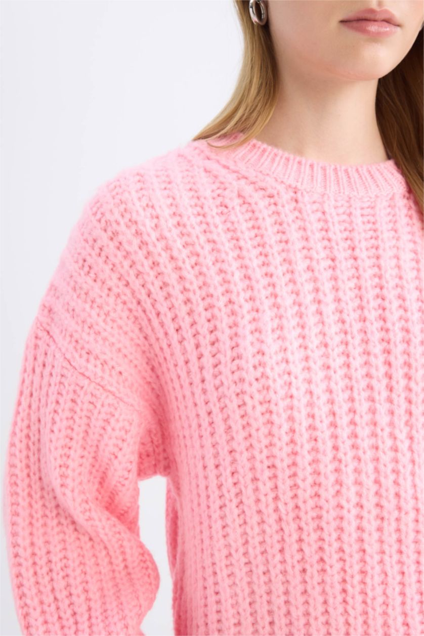 Kadın Pembe Oversize Geniş Kalıp Bisiklet Yaka Triko Kazak