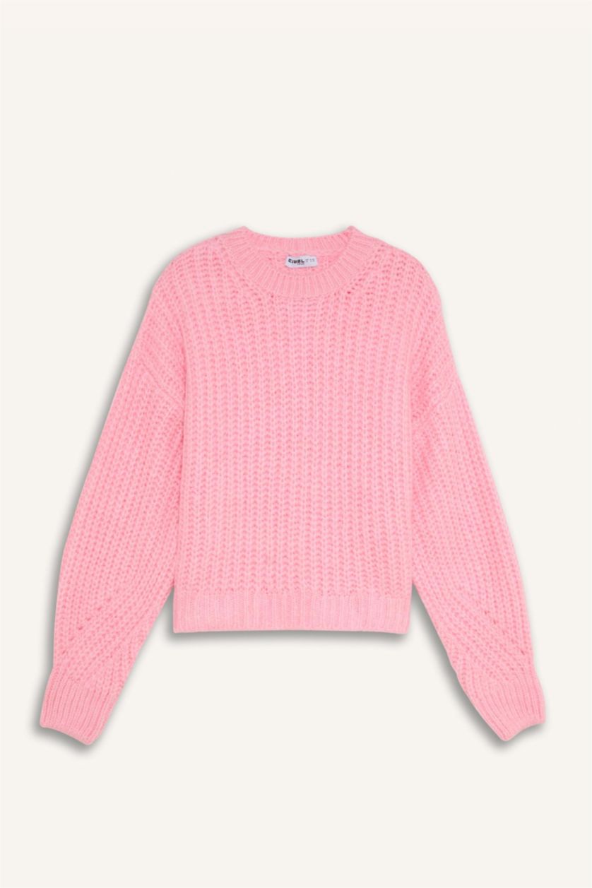 Kadın Pembe Oversize Geniş Kalıp Bisiklet Yaka Triko Kazak