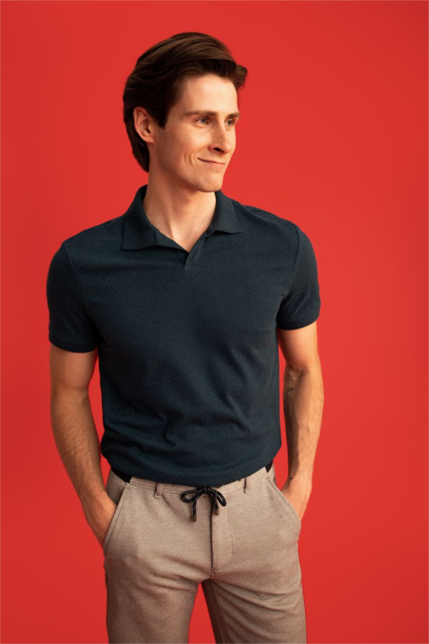 Erkek Petrol Modern Fit Polo Yaka Basic Kısa Kollu Tişört