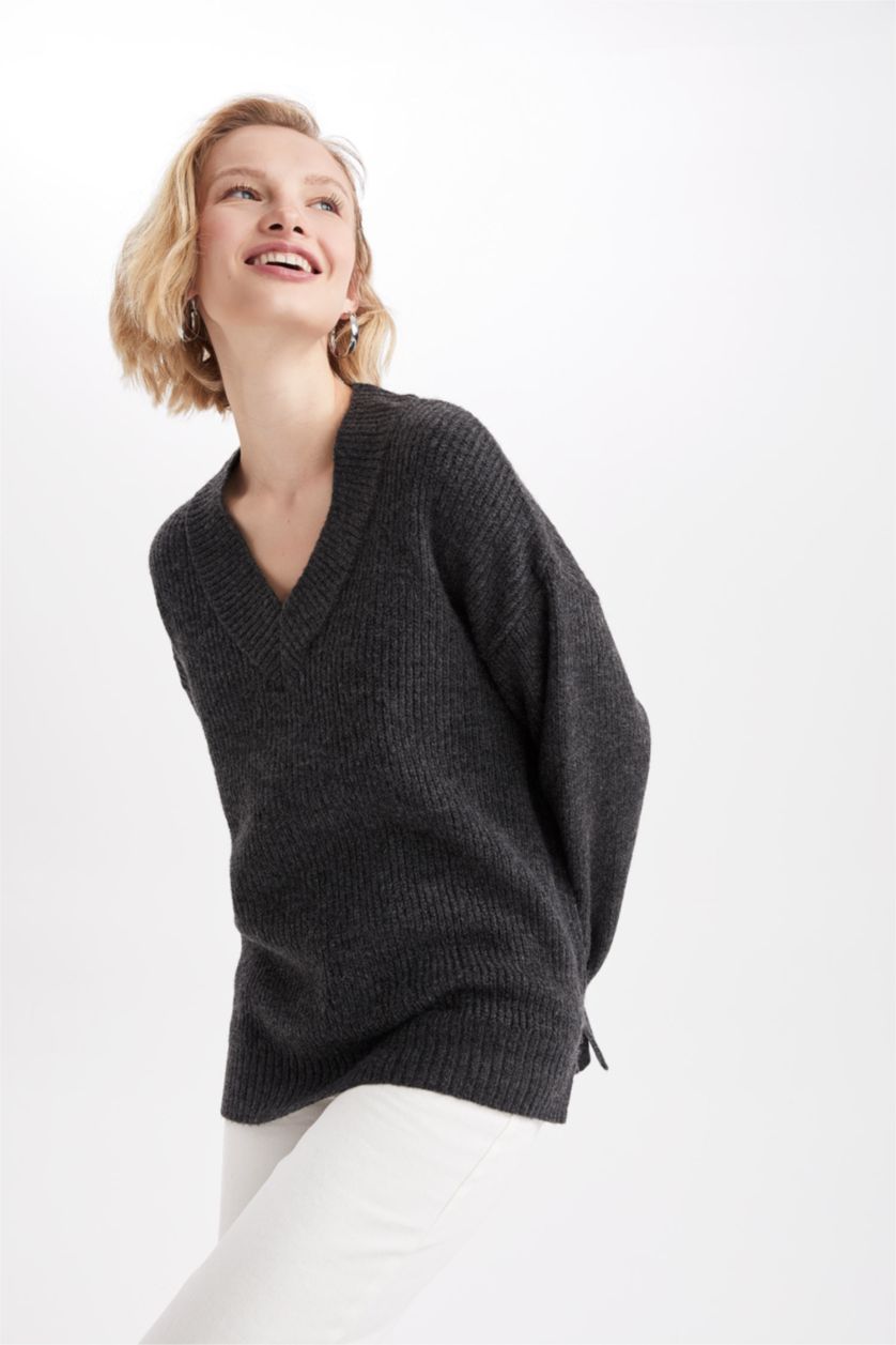 WOMAN Anthracite Melange Oversize Fit V-Neck Tunic