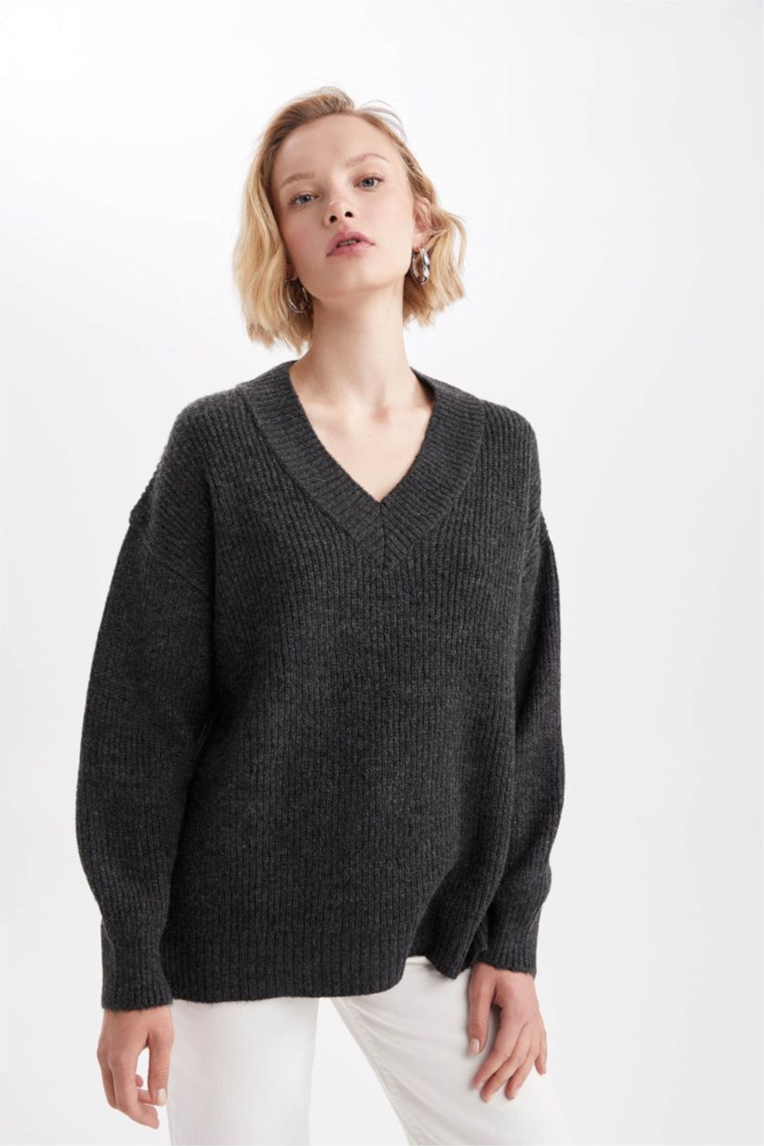 WOMAN Anthracite Melange Oversize Fit V-Neck Tunic