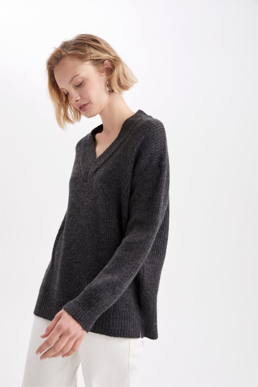 WOMAN Anthracite Melange Oversize Fit V-Neck Tunic