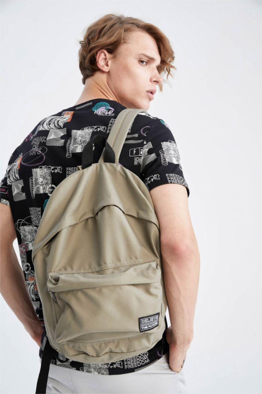 Erkek Haki Erkek Slogan işlemeli Laptop Bölmeli Okul Sırt Çantası