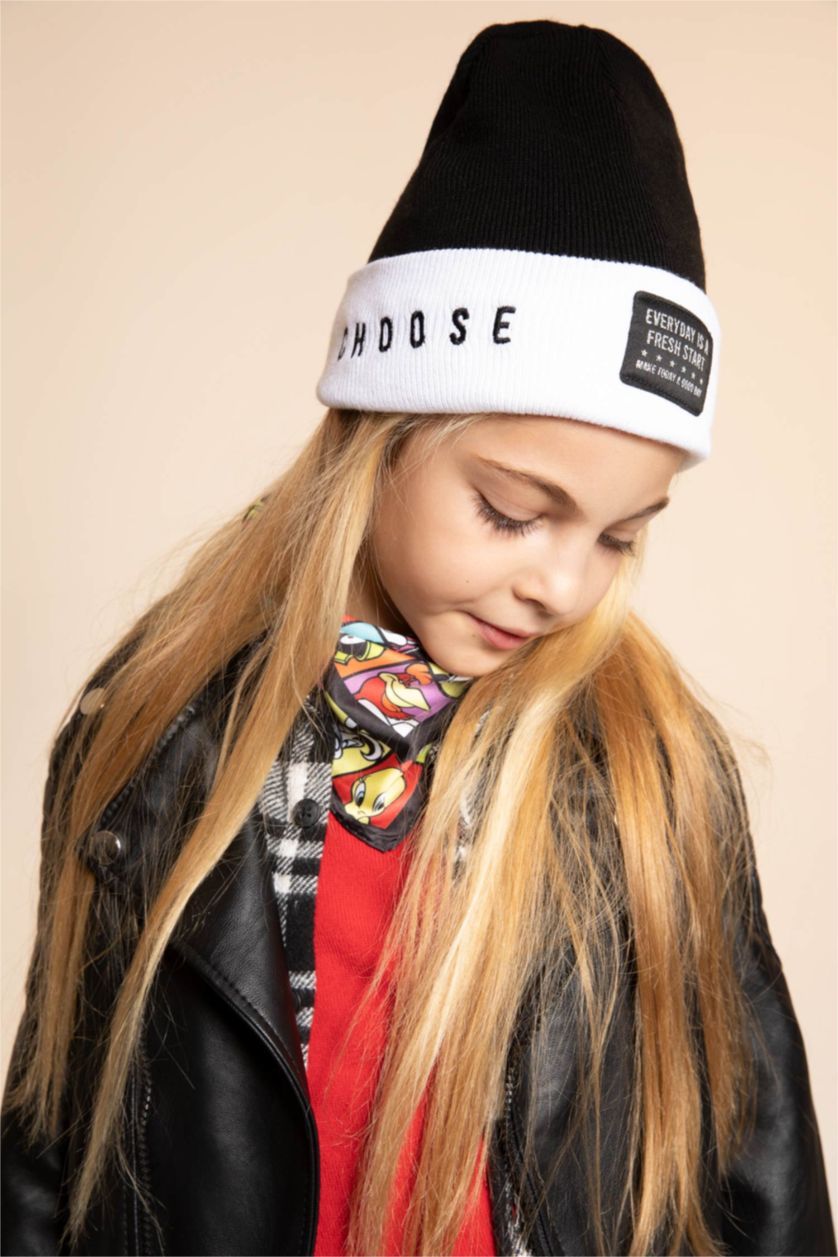 Kız Çocuk - Genç Kız Siyah Kız Çocuk Yazı Figürlü Triko Bere