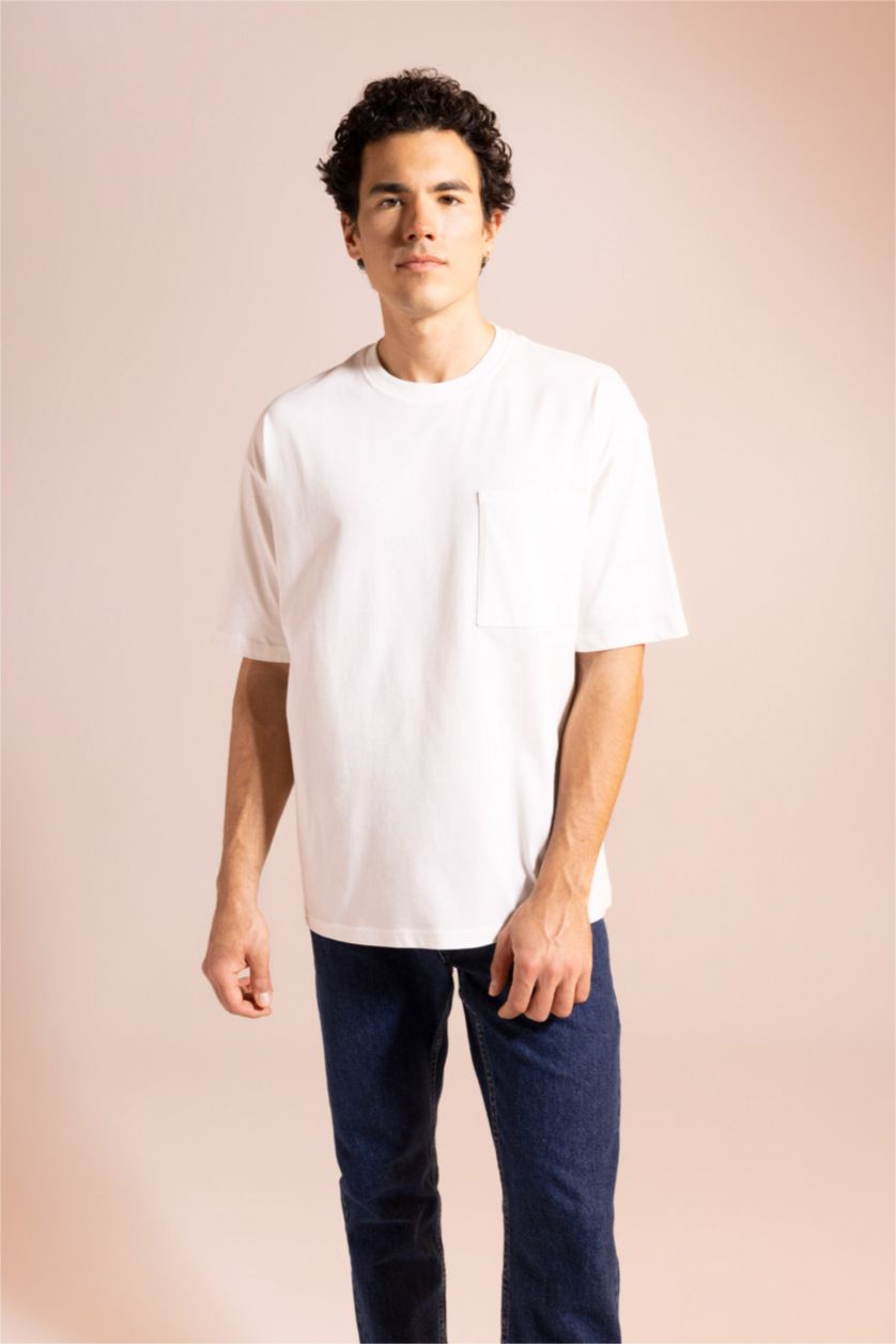 رجال بيج فاتح تي شيرت قطن بيزك اوفر سايز بياقة مستديرة