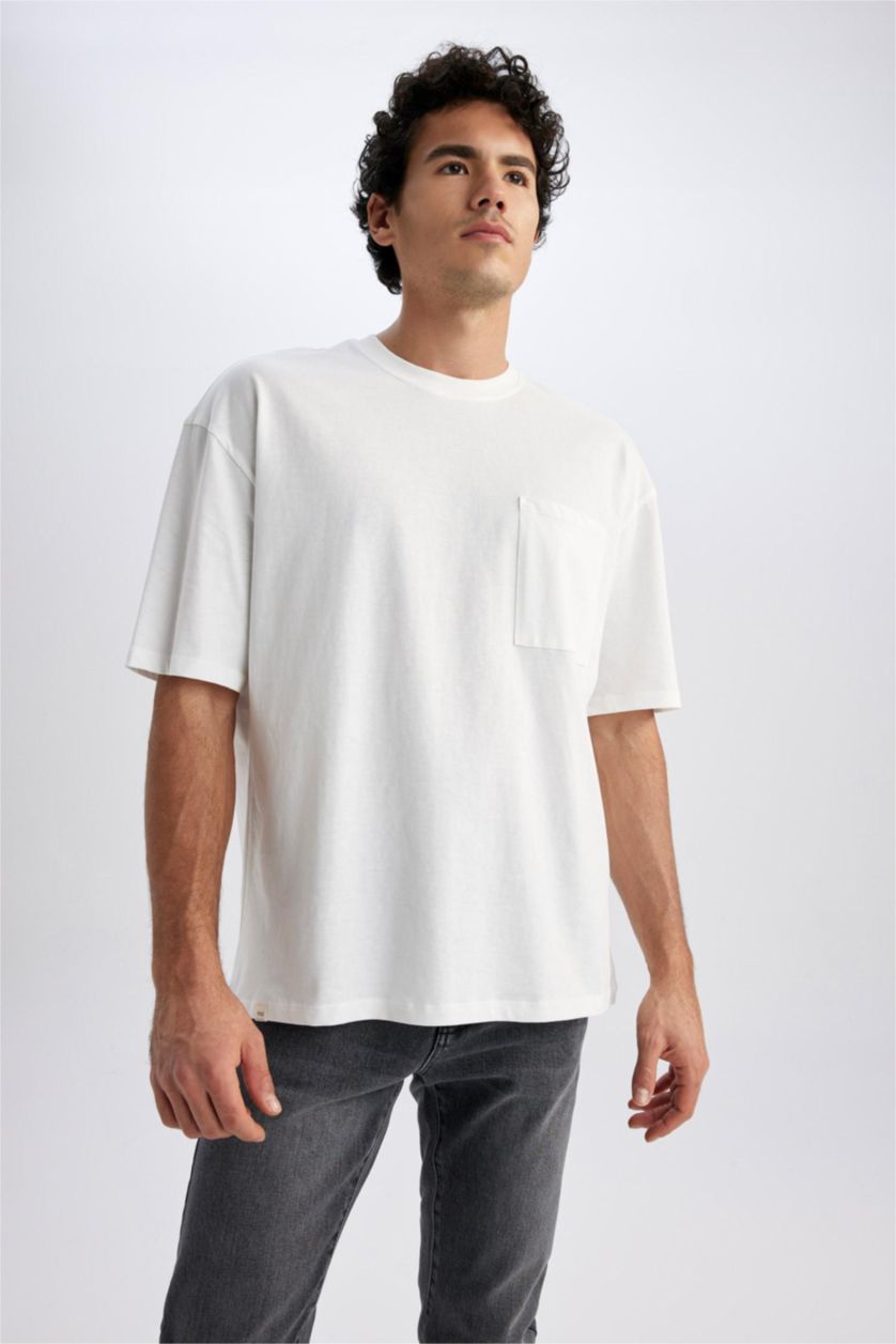 رجال بيج فاتح تي شيرت قطن بيزك اوفر سايز بياقة مستديرة