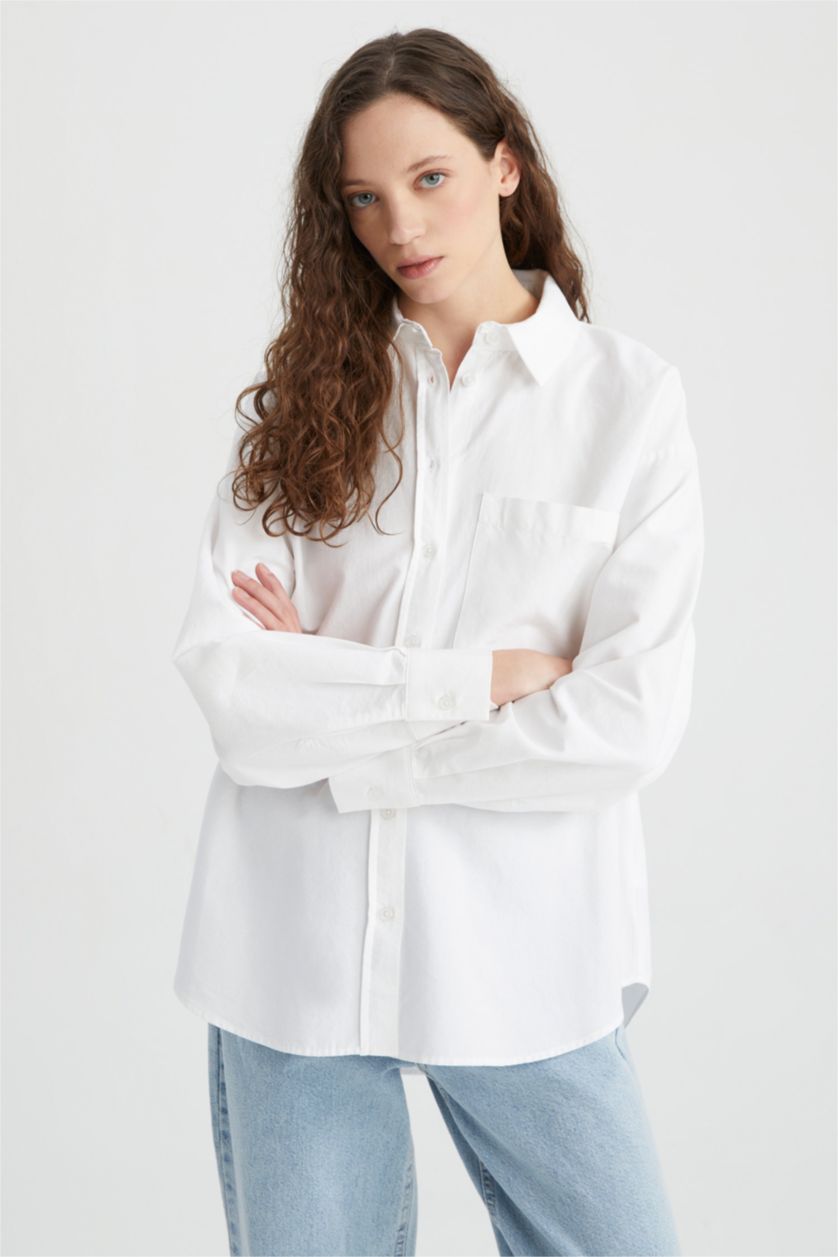 حريمي أبيض Oversize Fit Oxford Long Sleeve Shirt