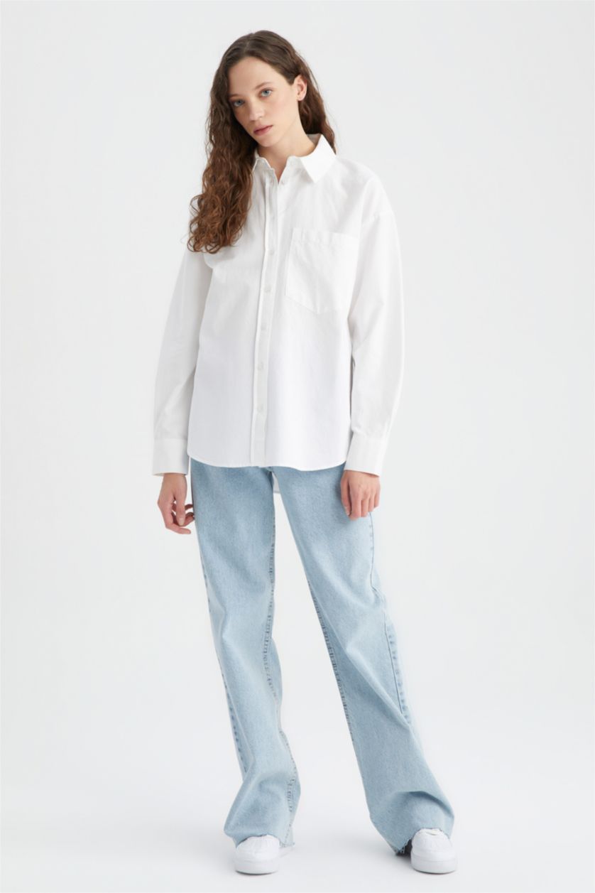 حريمي أبيض Oversize Fit Oxford Long Sleeve Shirt