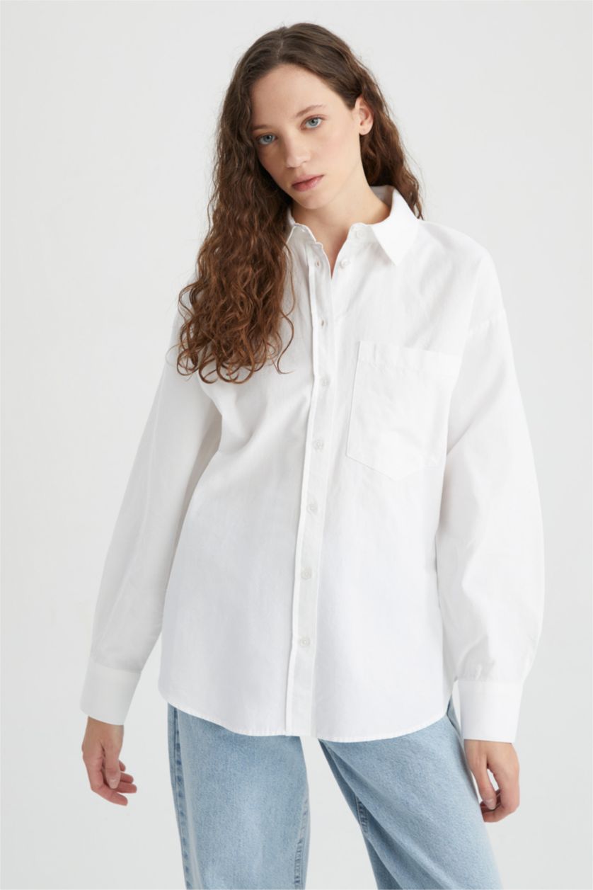 حريمي أبيض Oversize Fit Oxford Long Sleeve Shirt