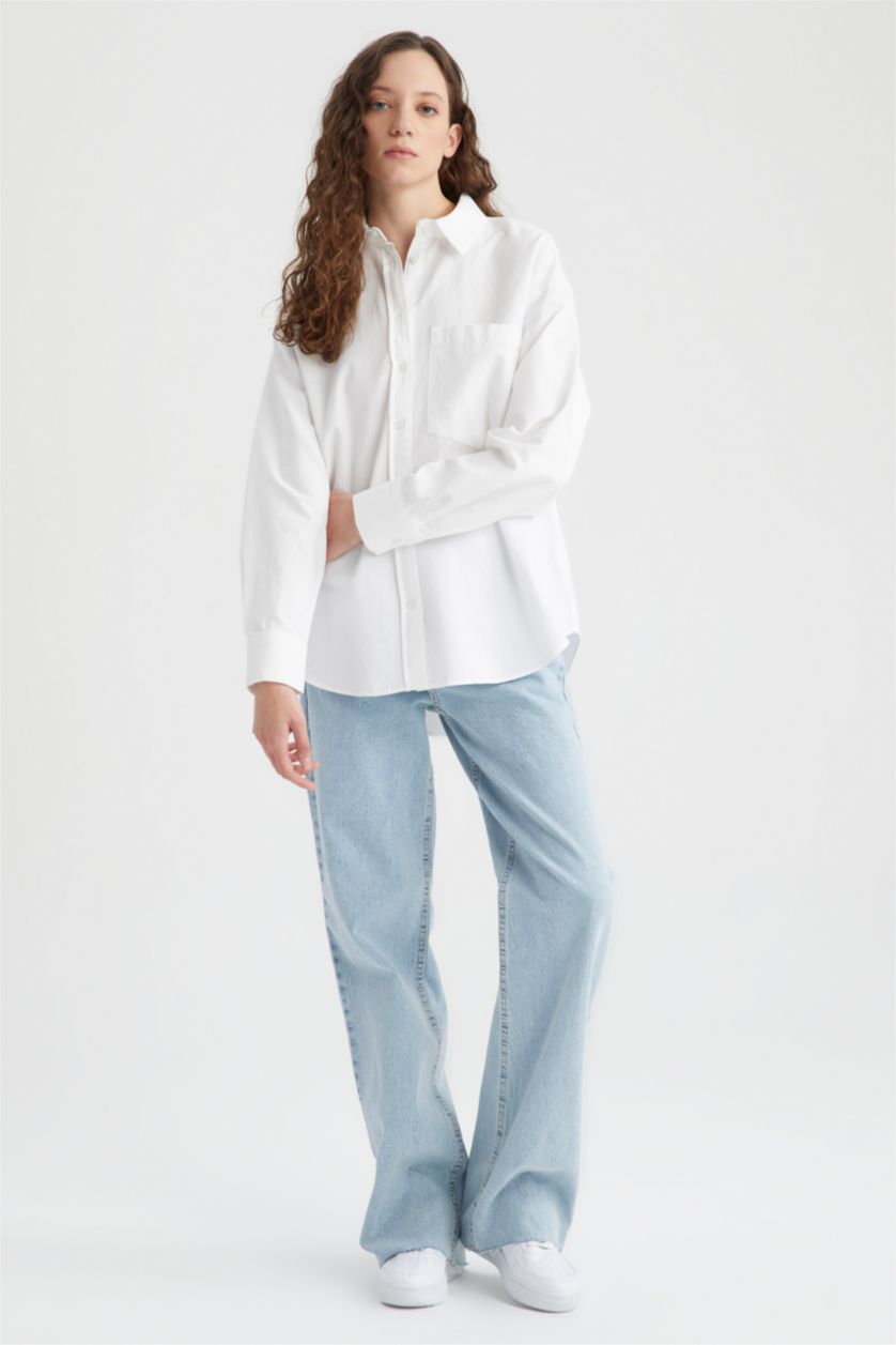 حريمي أبيض Oversize Fit Oxford Long Sleeve Shirt