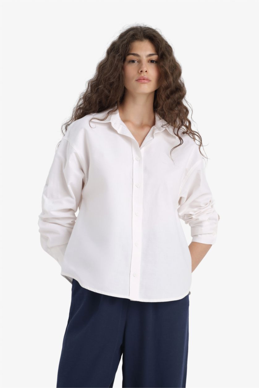 Kadın Kırık Beyaz Oversize Geniş Kalıp Oxford Uzun Kollu Gömlek
