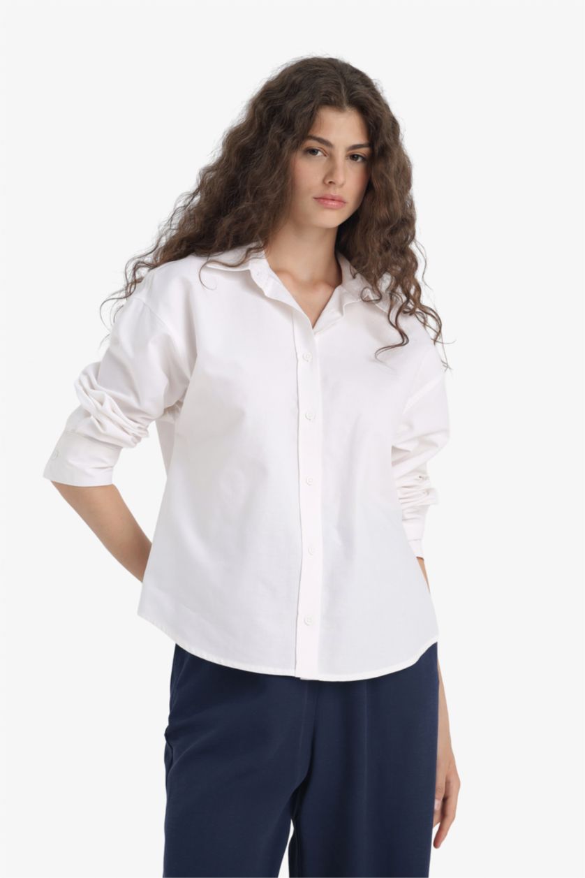 Kadın Kırık Beyaz Oversize Geniş Kalıp Oxford Uzun Kollu Gömlek