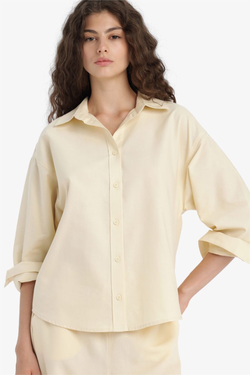 WOMAN Light Yellow Oversize Fit Shirt Collar Oxford Long Sleeve Shirt