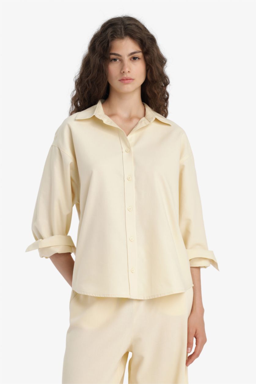 WOMAN Light Yellow Oversize Fit Shirt Collar Oxford Long Sleeve Shirt