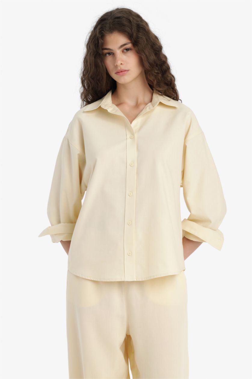 WOMAN Light Yellow Oversize Fit Shirt Collar Oxford Long Sleeve Shirt