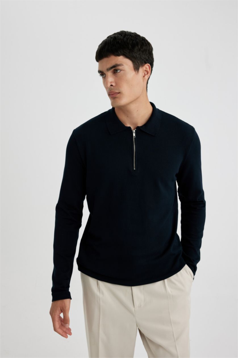 Erkek Lacivert Slım Fıt Triko Kazak