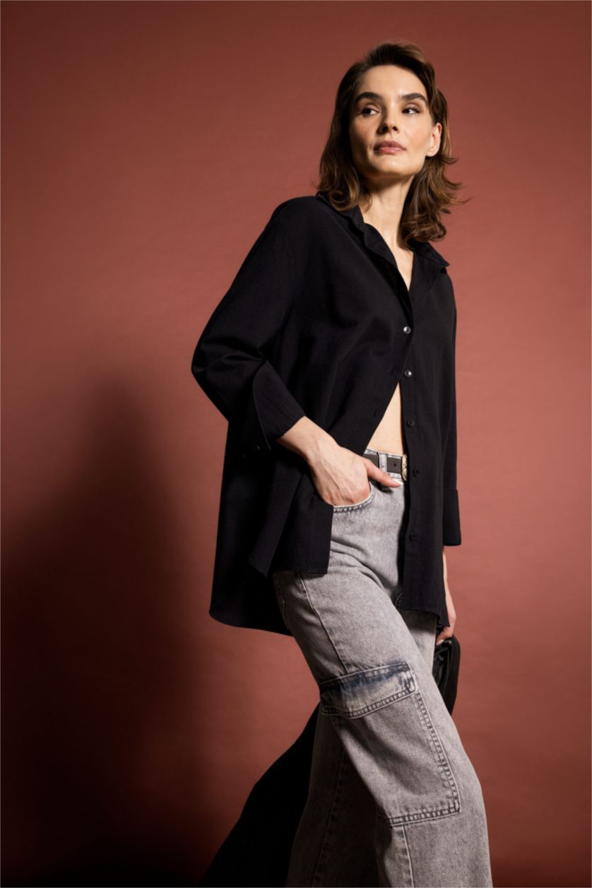 نساء أسود قميص بأكمام طويلة كتان اوفر سايز  بياقة قميص