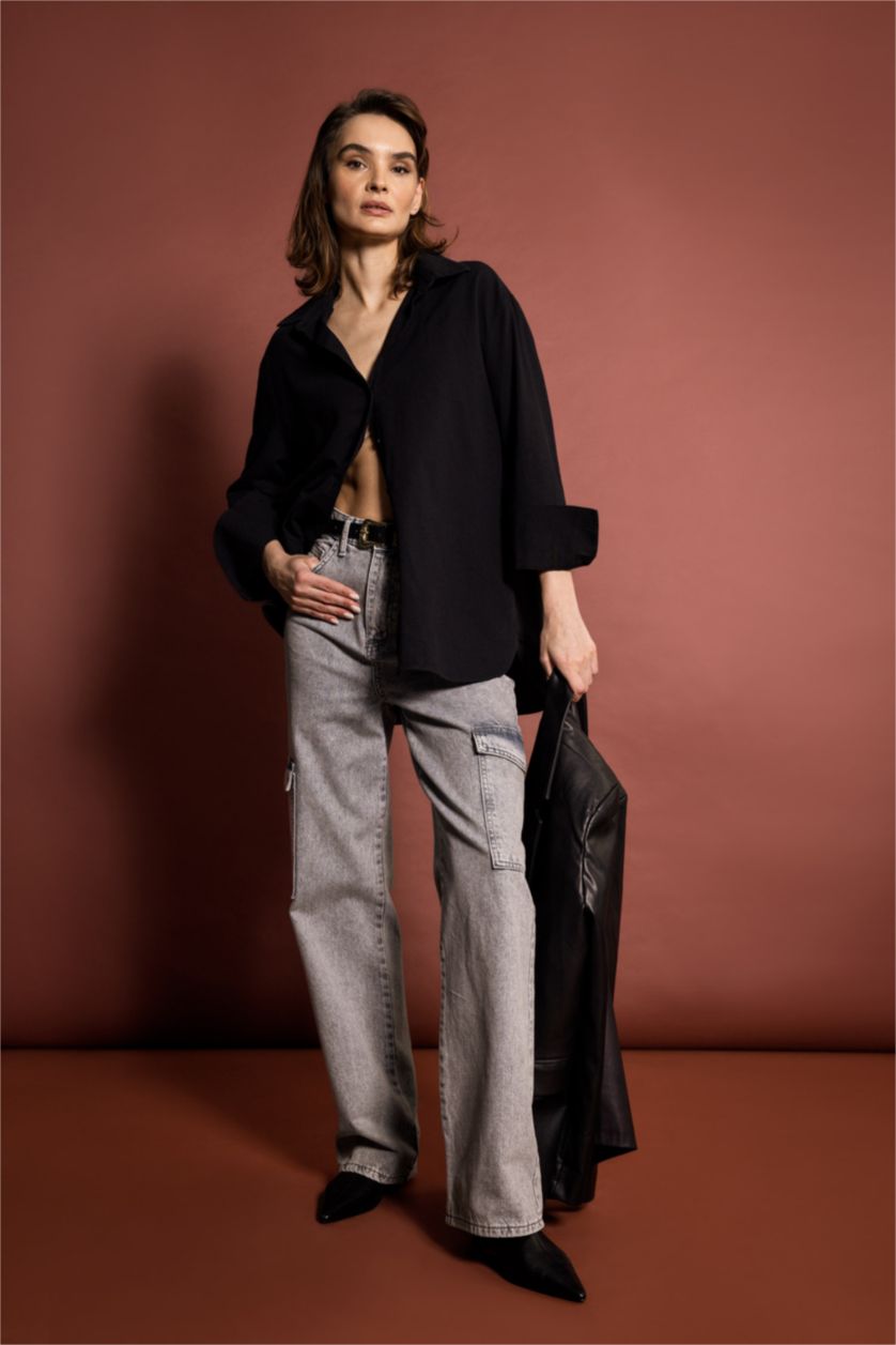 نساء أسود قميص بأكمام طويلة كتان اوفر سايز  بياقة قميص