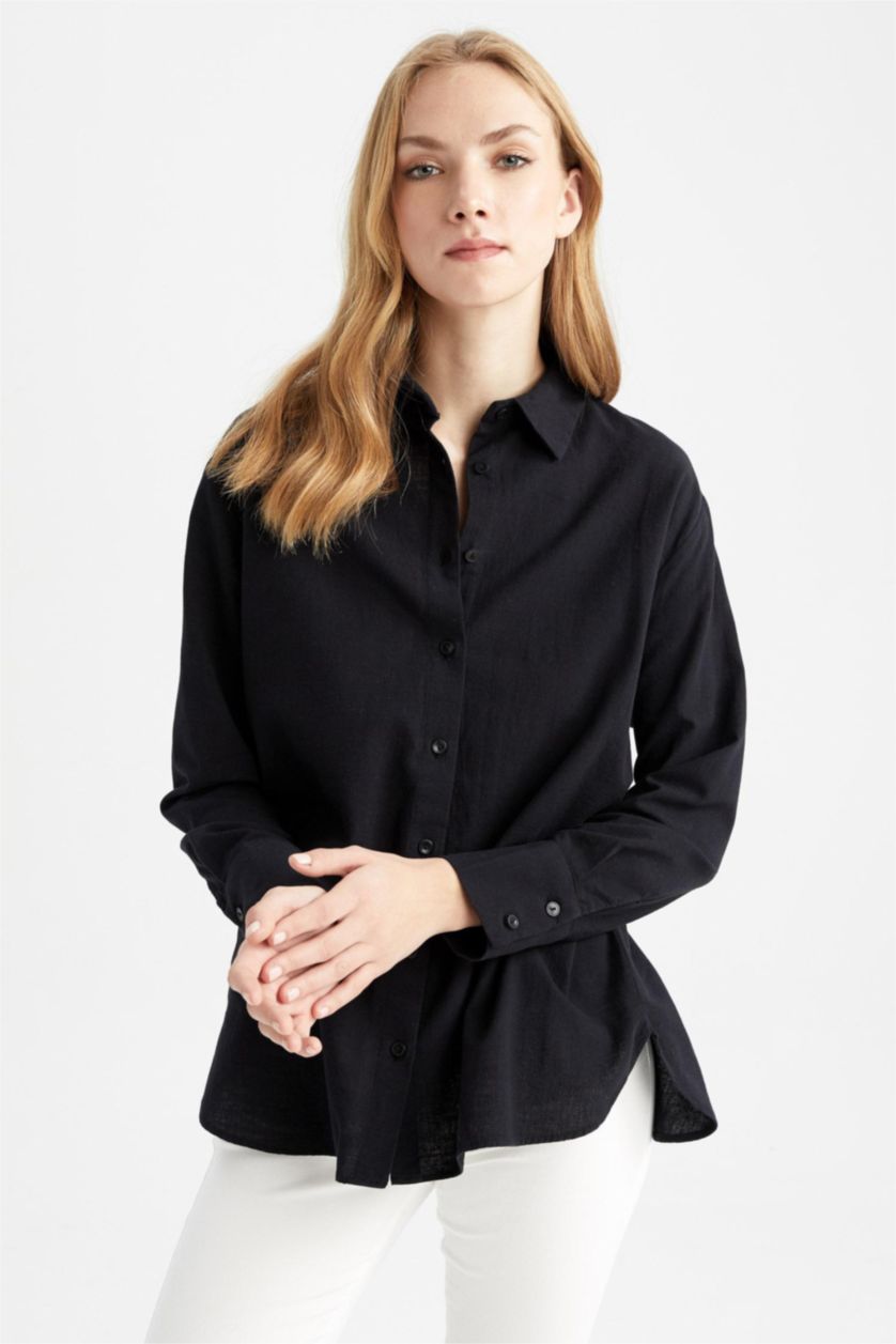 نساء أسود قميص بأكمام طويلة كتان اوفر سايز  بياقة قميص