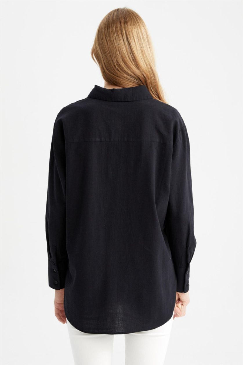 نساء أسود قميص بأكمام طويلة كتان اوفر سايز  بياقة قميص