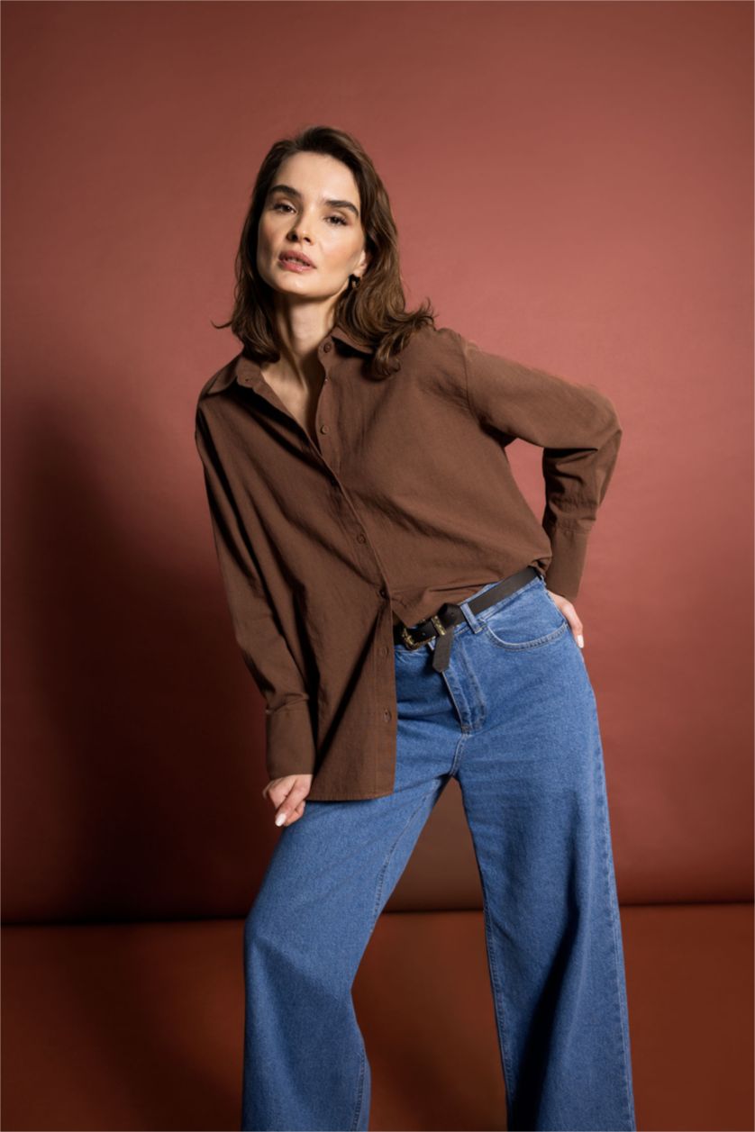 حريمي بني قميص كتان كم طويل اوفر سايز