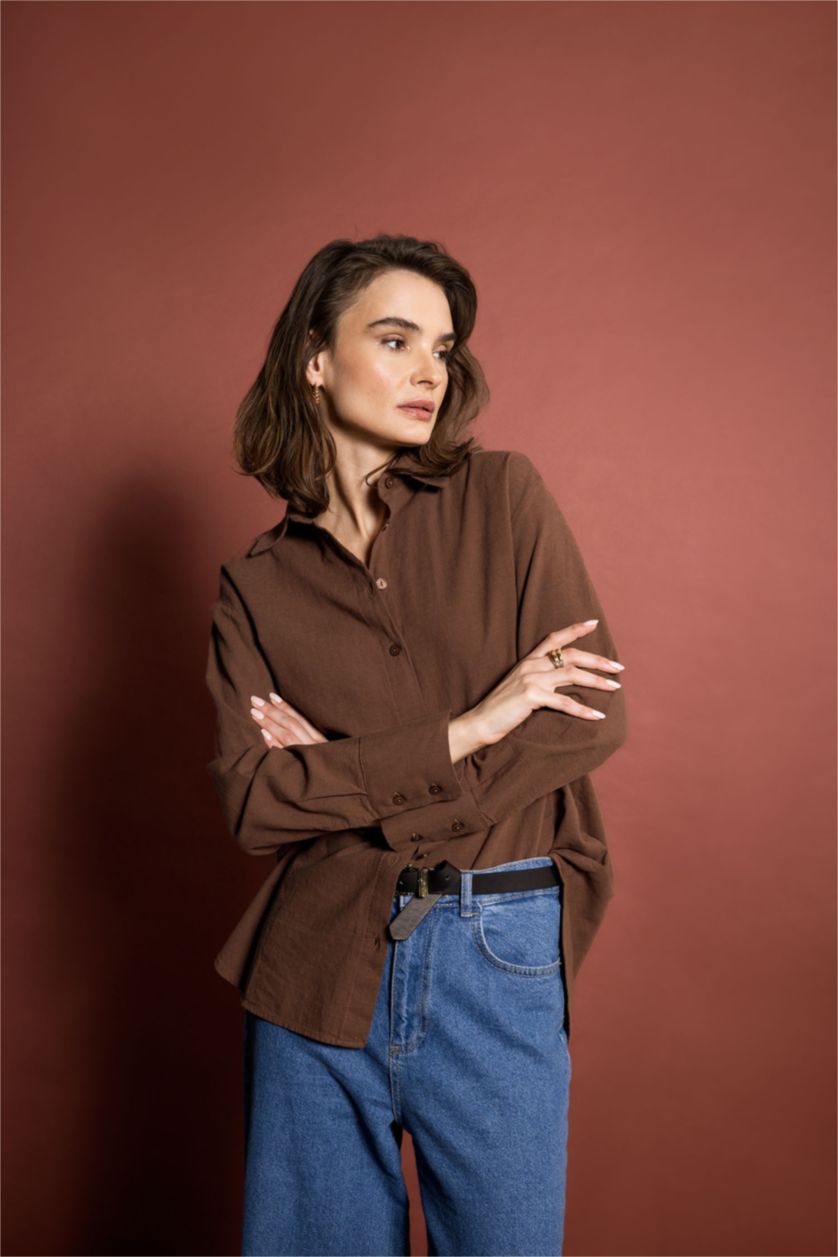 حريمي بني قميص كتان كم طويل اوفر سايز