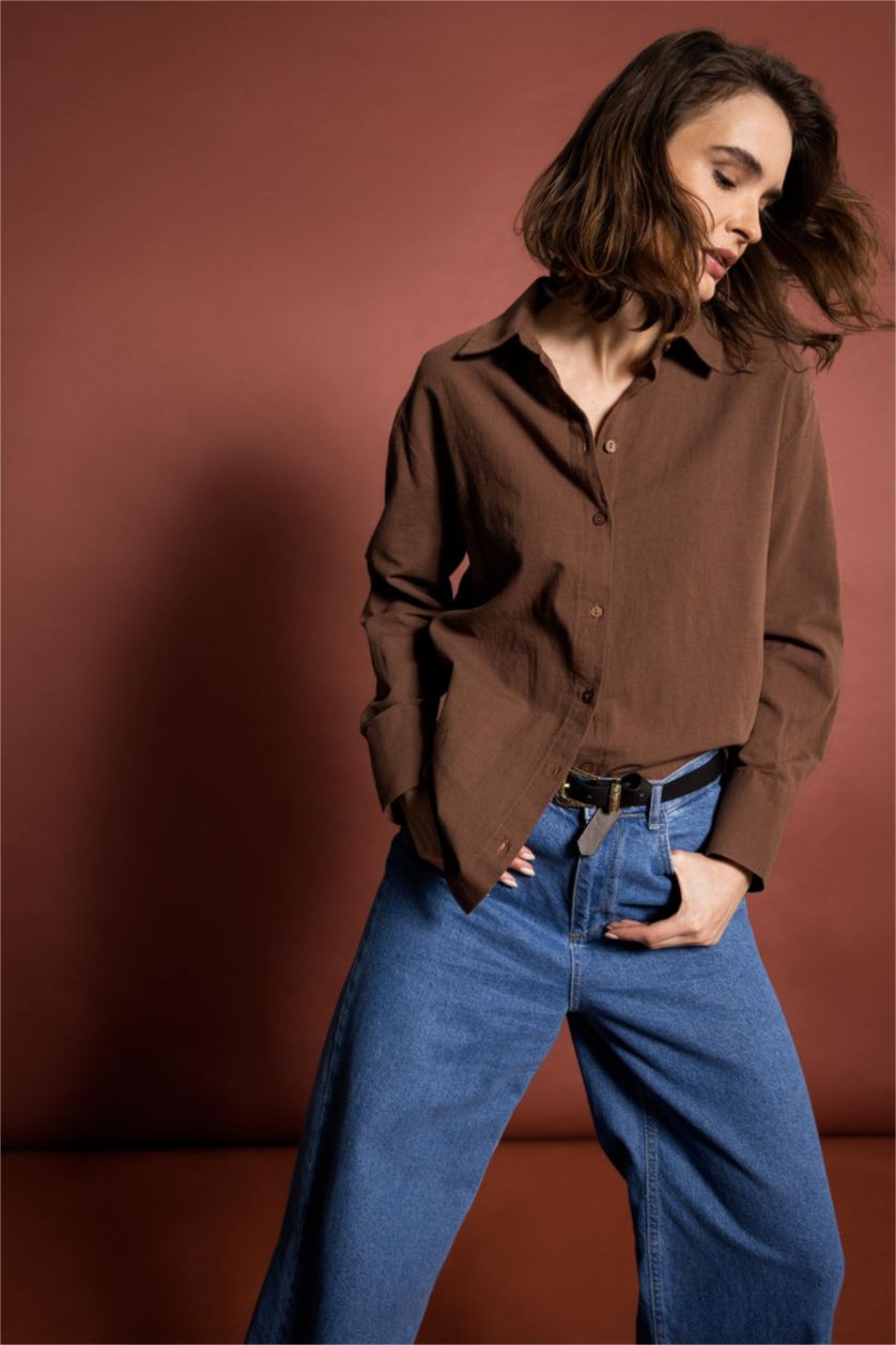 حريمي بني قميص كتان كم طويل اوفر سايز