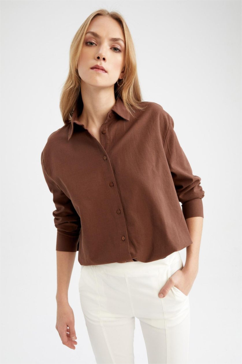 حريمي بني قميص كتان كم طويل اوفر سايز