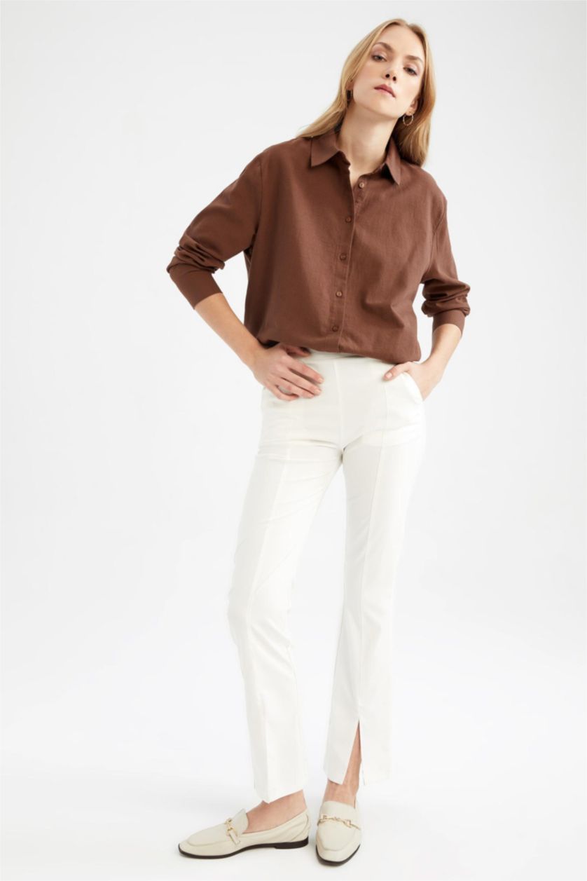 حريمي بني قميص كتان كم طويل اوفر سايز