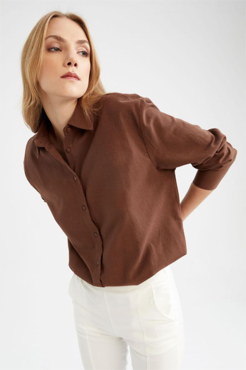 حريمي بني قميص كتان كم طويل اوفر سايز