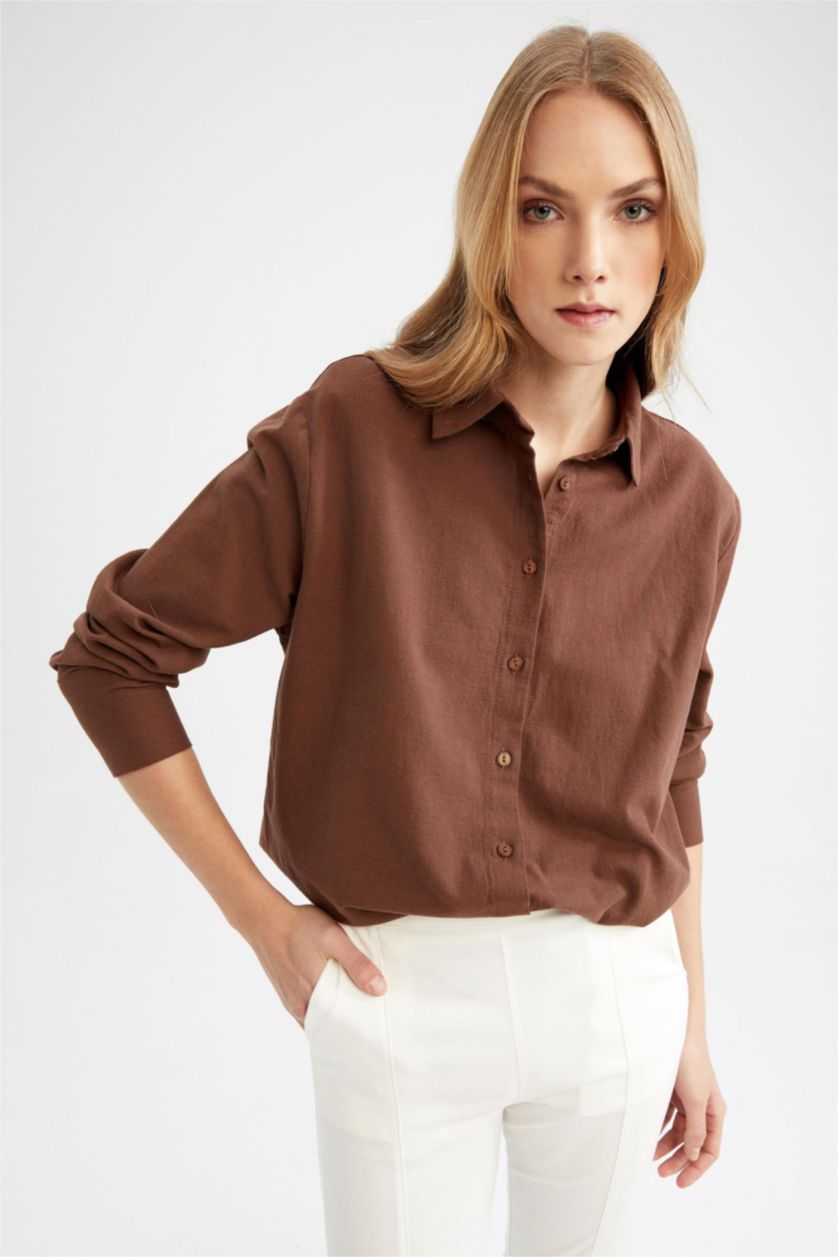 حريمي بني قميص كتان كم طويل اوفر سايز