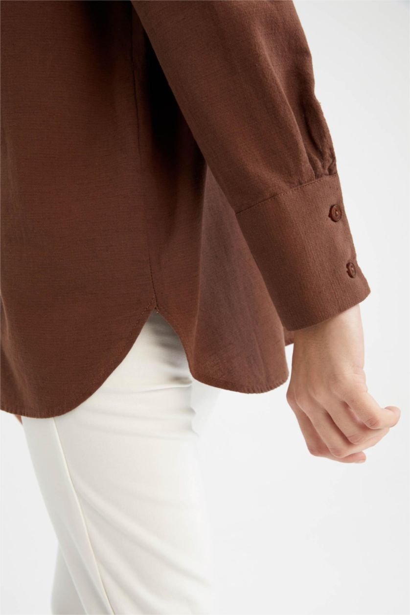 حريمي بني قميص كتان كم طويل اوفر سايز