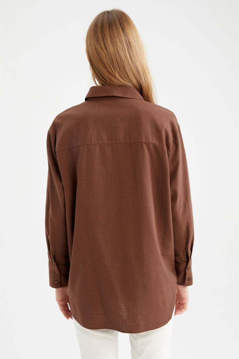 حريمي بني قميص كتان كم طويل اوفر سايز