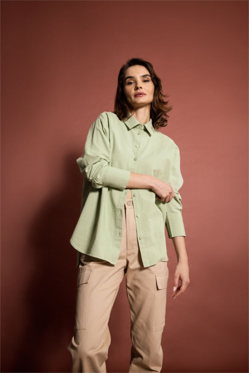 WOMAN Green Oversize Fit Shirt Collar Linen Long Sleeve Shirt