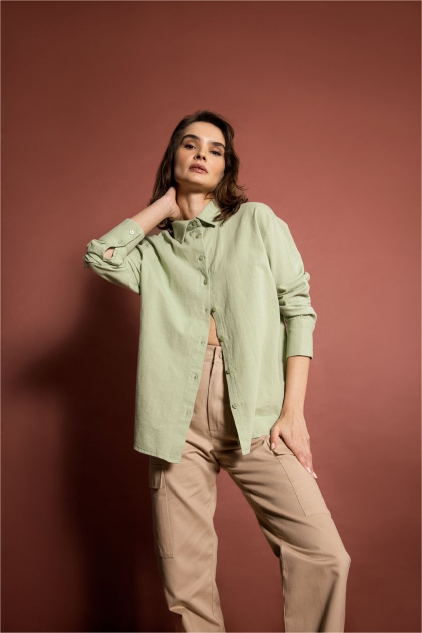 WOMAN Green Oversize Fit Shirt Collar Linen Long Sleeve Shirt