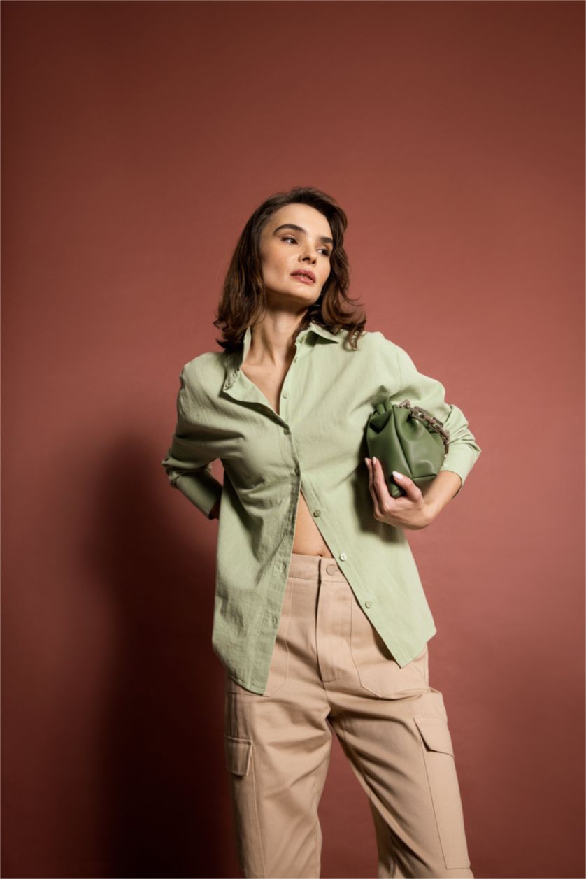 WOMAN Green Oversize Fit Shirt Collar Linen Long Sleeve Shirt