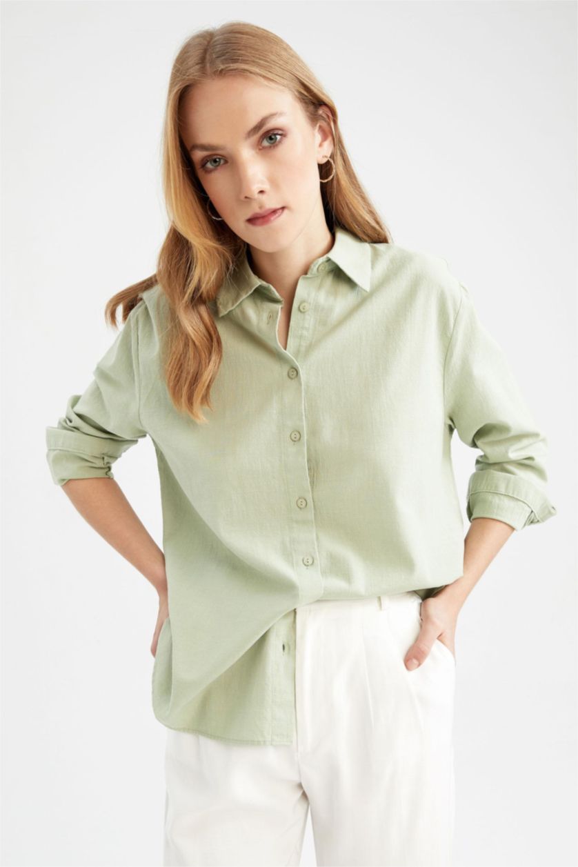 WOMAN Green Oversize Fit Shirt Collar Linen Long Sleeve Shirt
