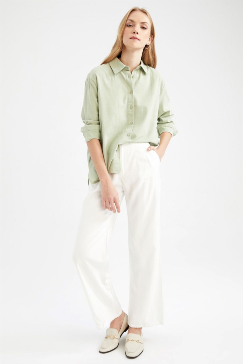 WOMAN Green Oversize Fit Shirt Collar Linen Long Sleeve Shirt