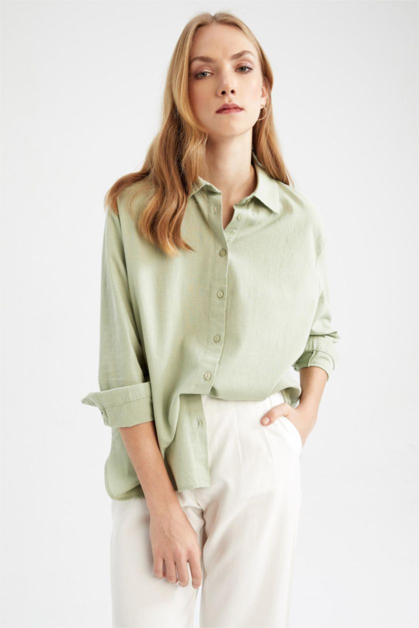 WOMAN Green Oversize Fit Shirt Collar Linen Long Sleeve Shirt
