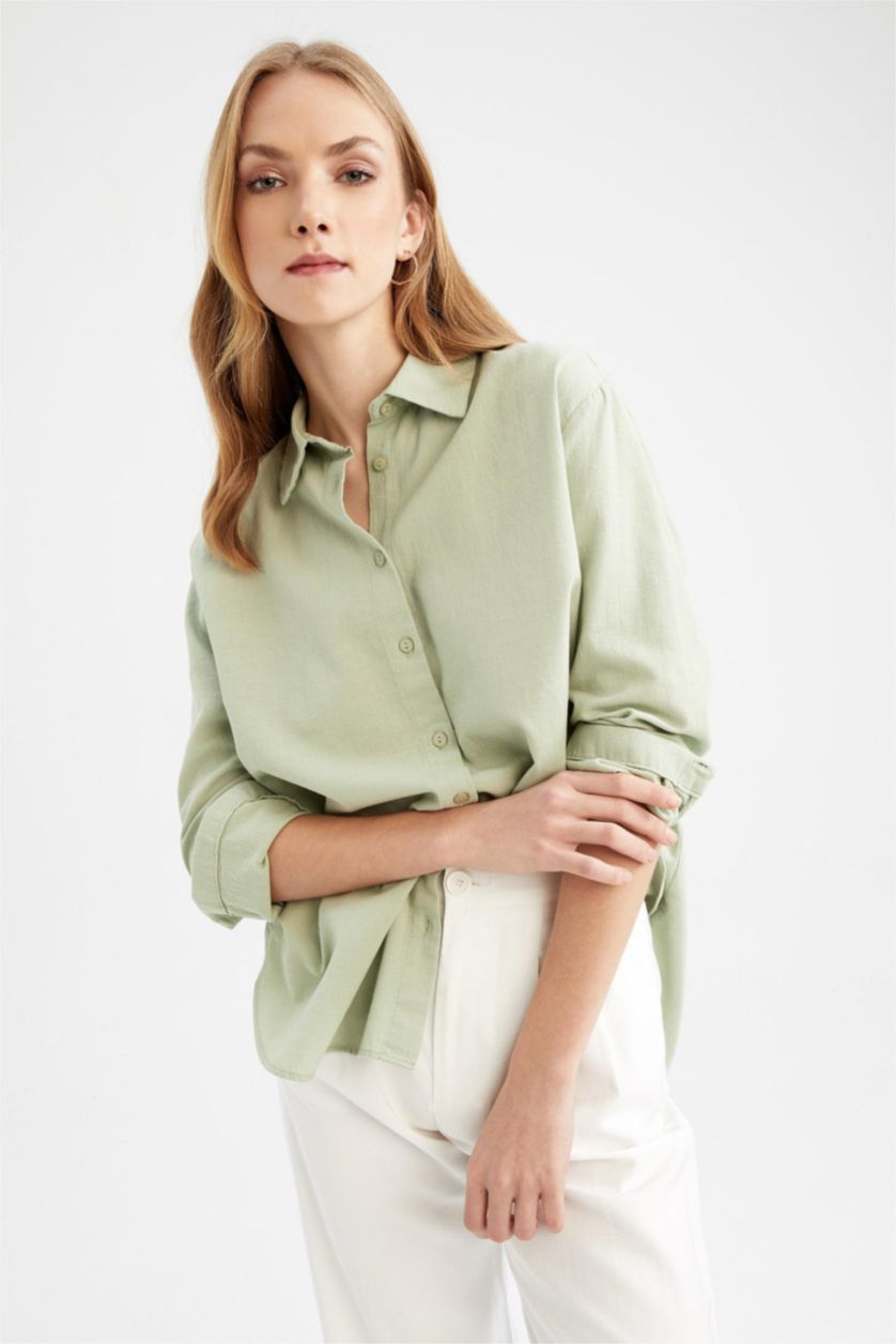WOMAN Green Oversize Fit Shirt Collar Linen Long Sleeve Shirt