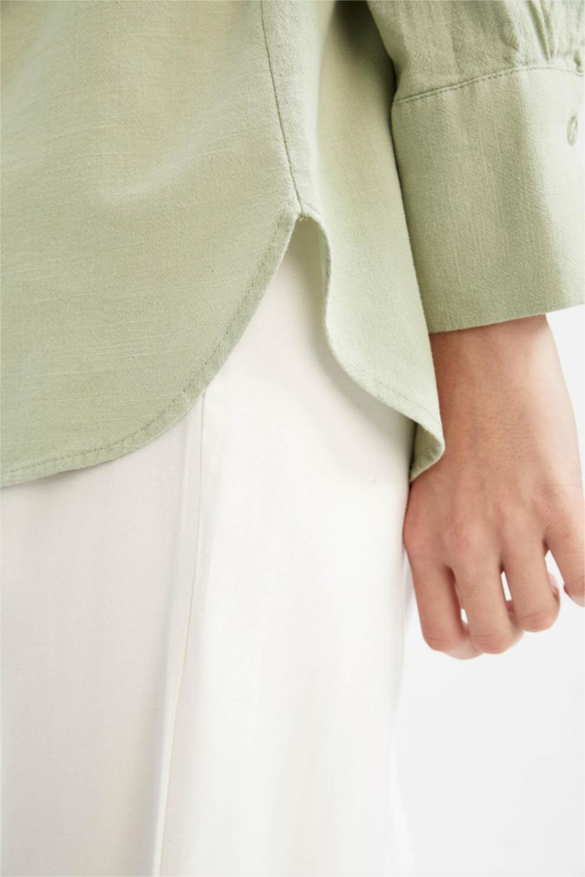 WOMAN Green Oversize Fit Shirt Collar Linen Long Sleeve Shirt