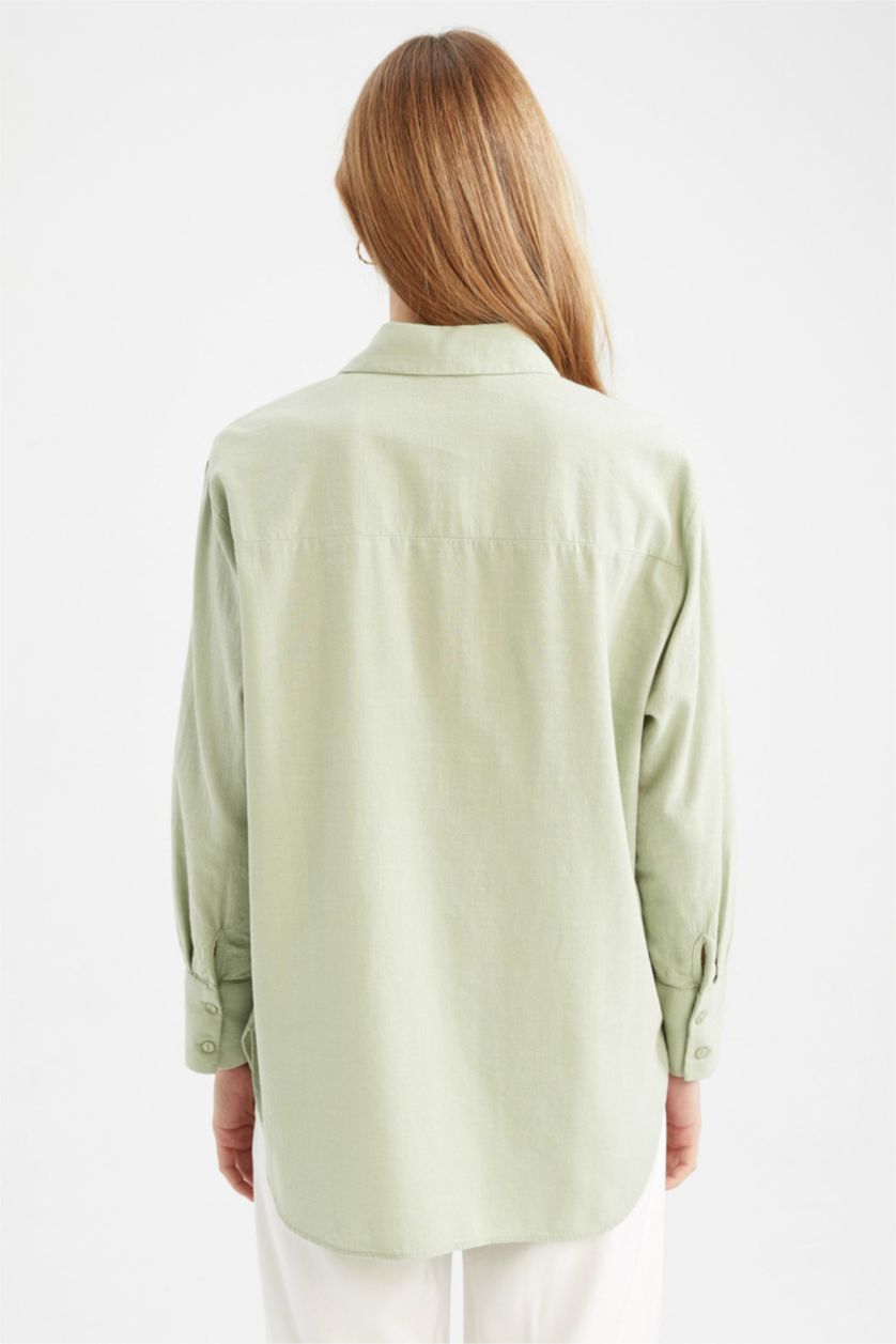 WOMAN Green Oversize Fit Shirt Collar Linen Long Sleeve Shirt